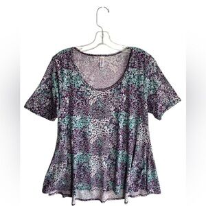 LuLaRoe Womens Short Sleeve Tunic Top - Purple and Green Pattern, Size: Large